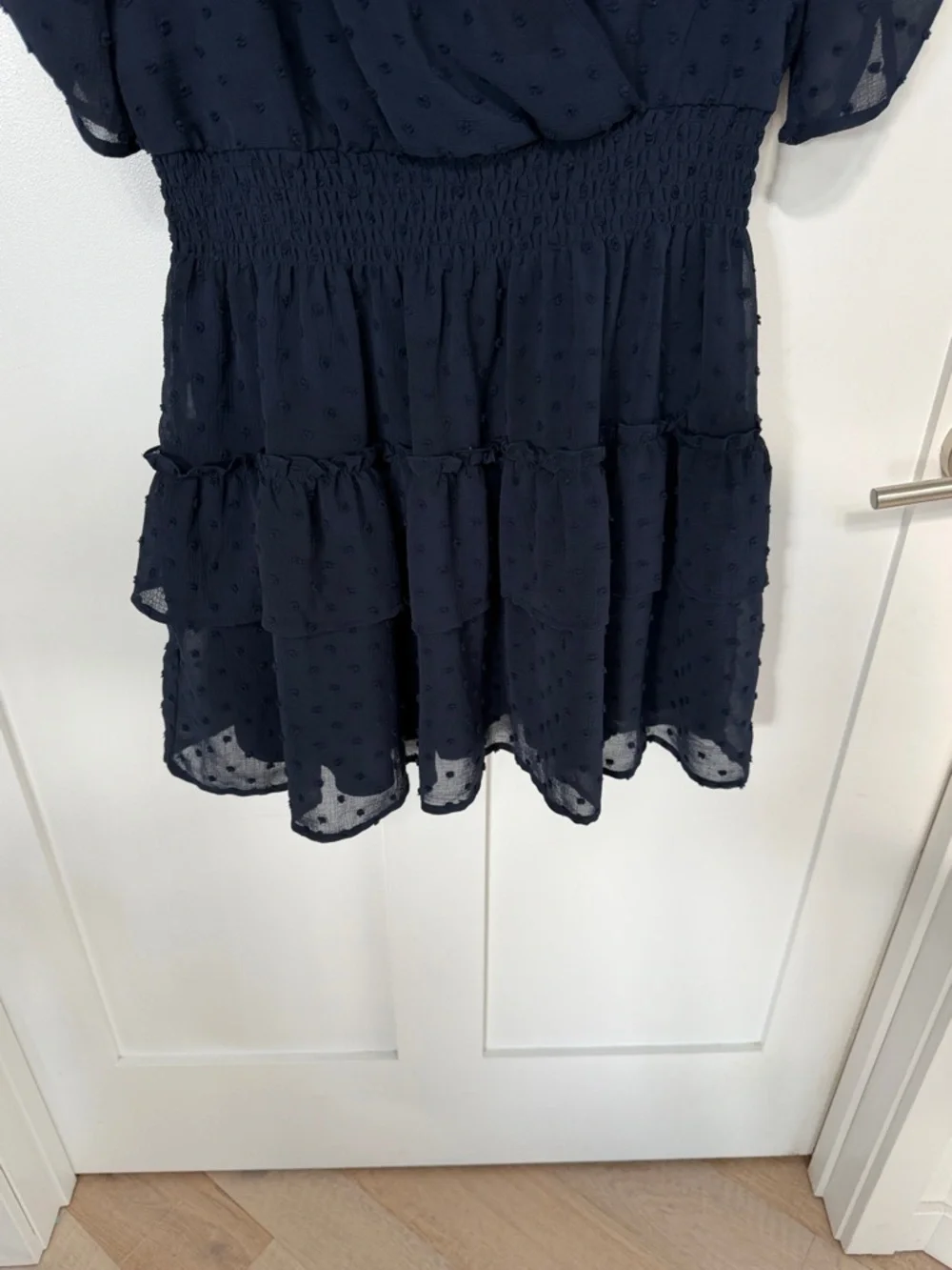 Altar'd State Navy Swiss Dot Surplice Mini Dress